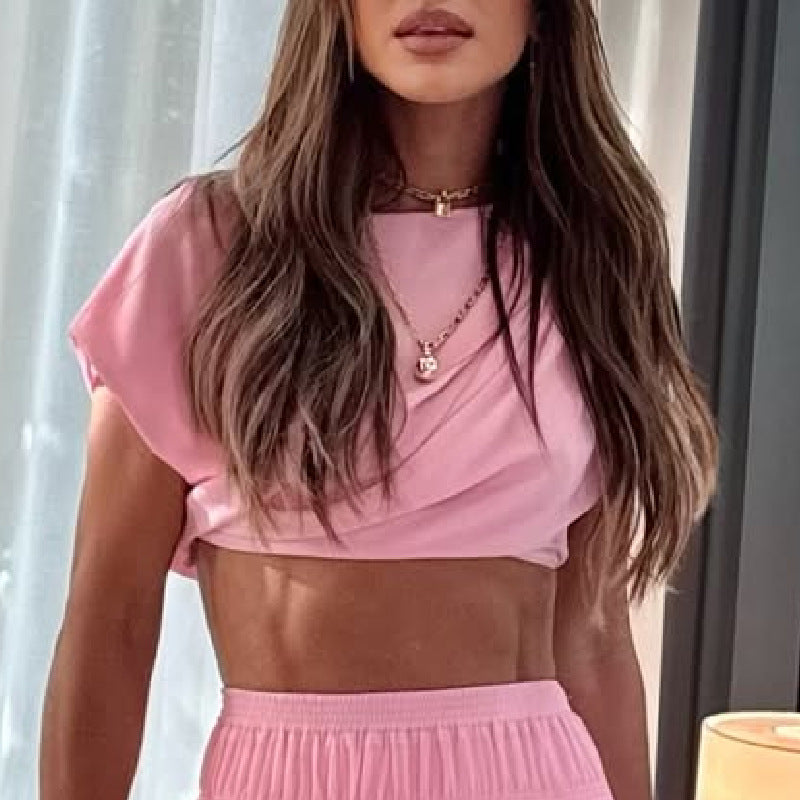 Round Neck Pleated Jacket Pink Patchwork Maxi Dress Two Piece Sets