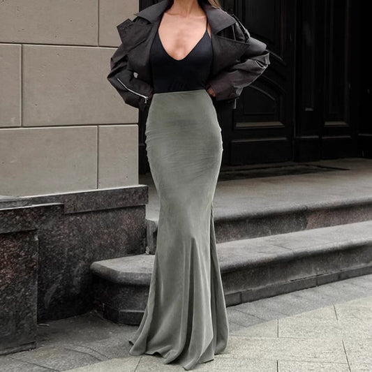 Silver Fox Velvet Green Slim High Waist Fishtail Skirt