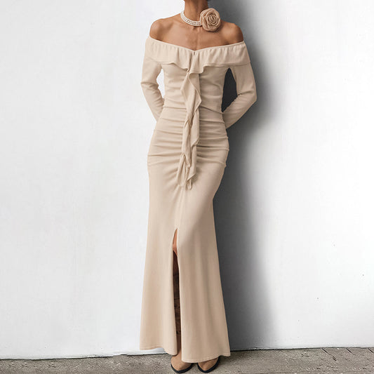 Slim Fit Ruffled Dress Autumn Winter High Sense Khaki off Neck Tube Top Split Fishtail Dress Women