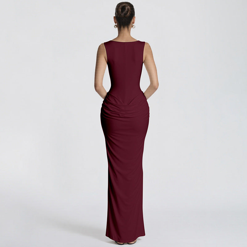 Sexy Boning Corset Slim Fit U Neck Long Pleating Pullover Dress Cocktail Party Evening Dress