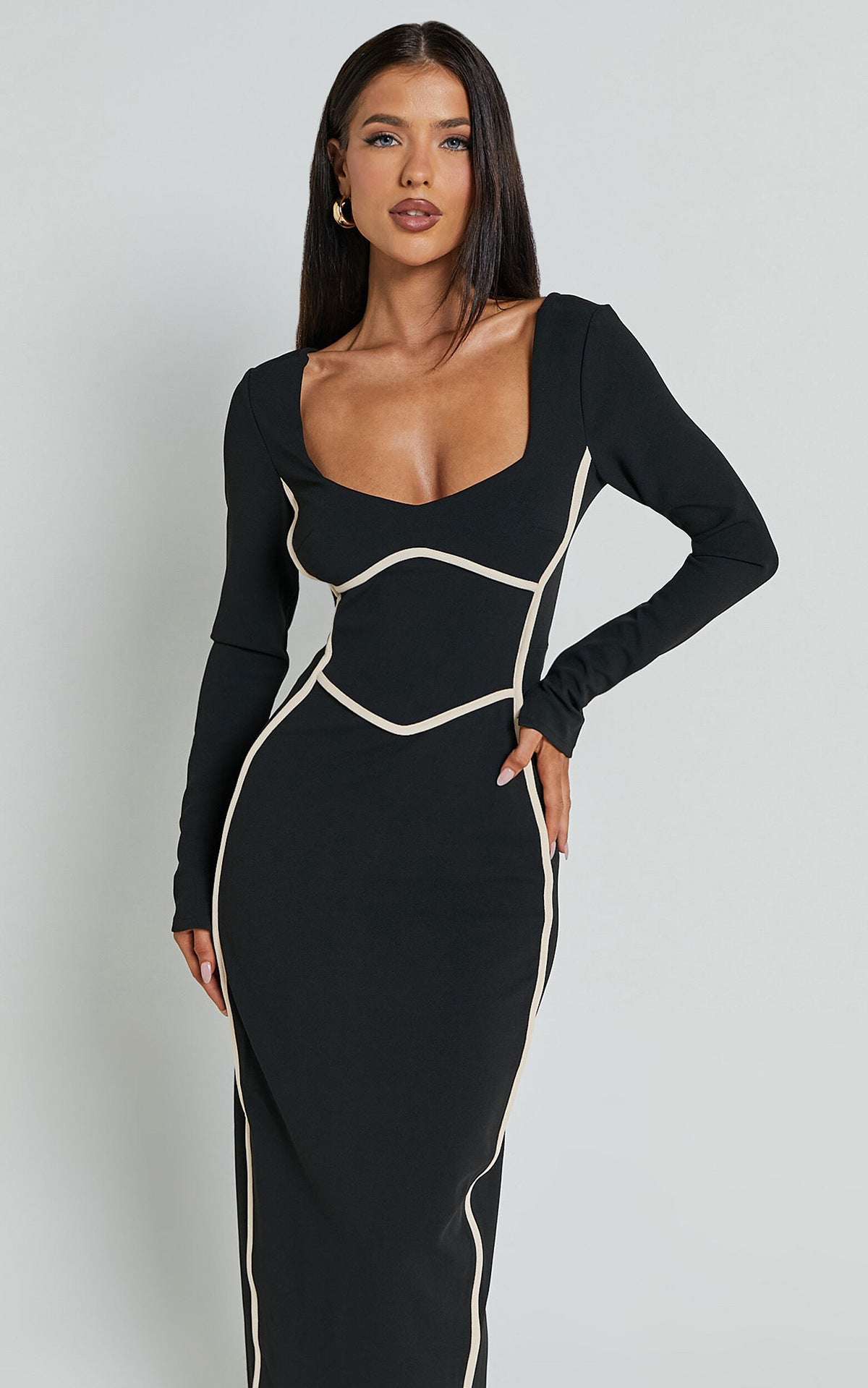 Knitted Long Sleeved Backless Sexy Dress U Collar Color Contrast Patchwork Waist Tight Pencil Lead Dress