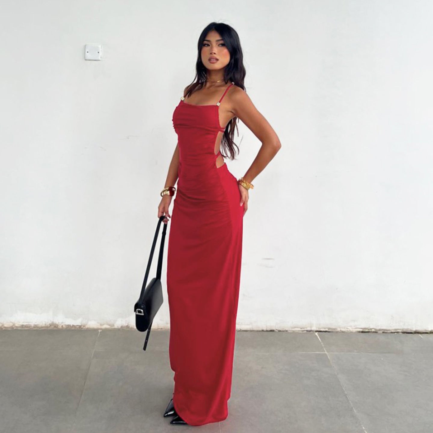 Backless Lace-Up Sexy Red Elegant Maxi Cocktail Dress