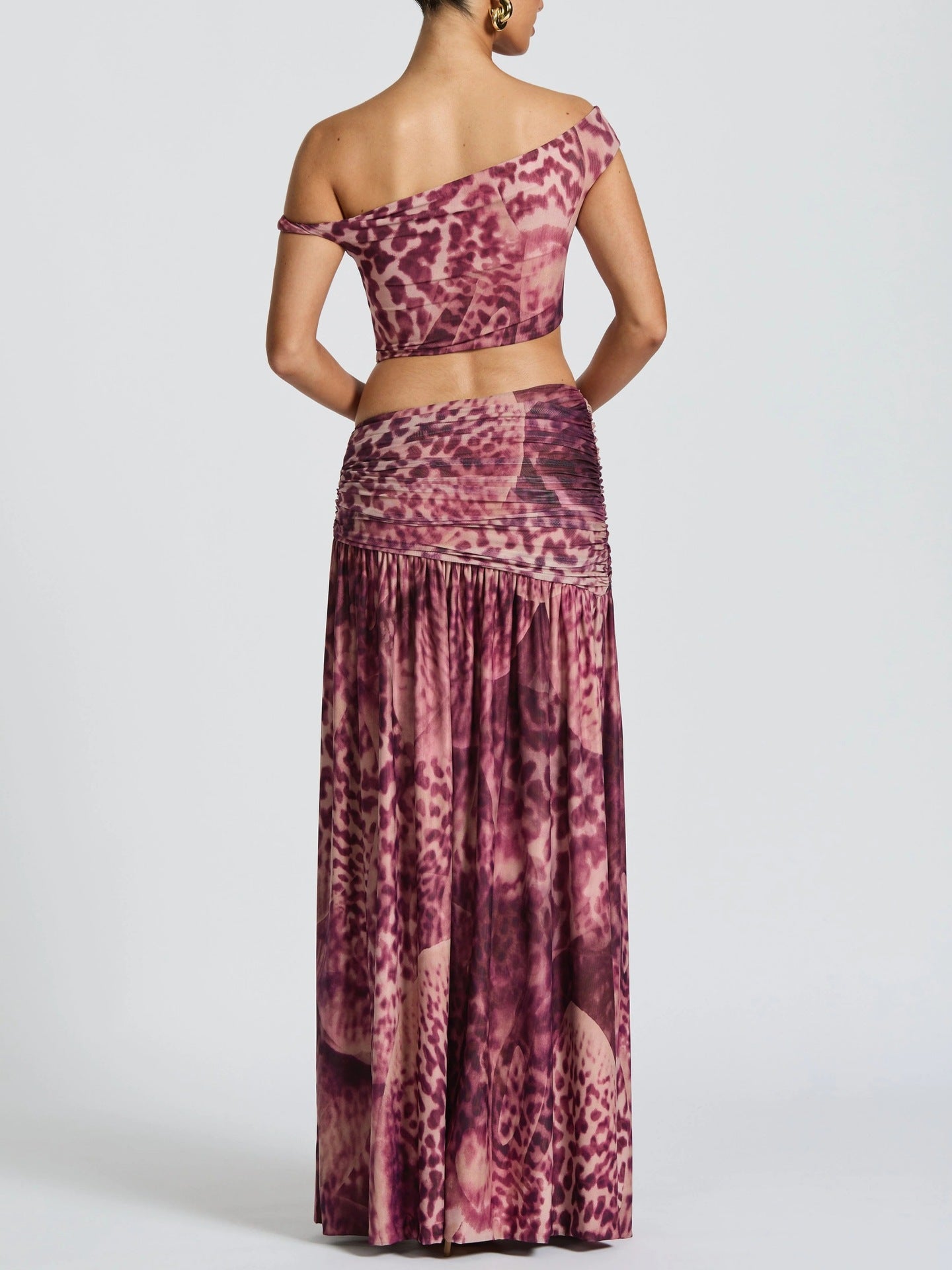 Summer Sexy Print Oblique Shoulder Tops Split Skirt Two Piece Sets