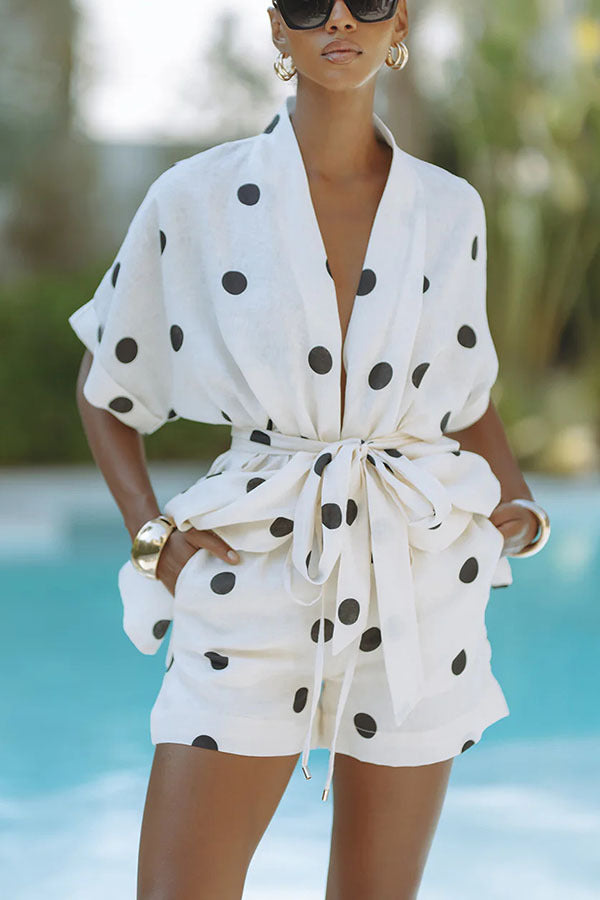 Two Piece Polka Dot Linen Printed Shorts Set
