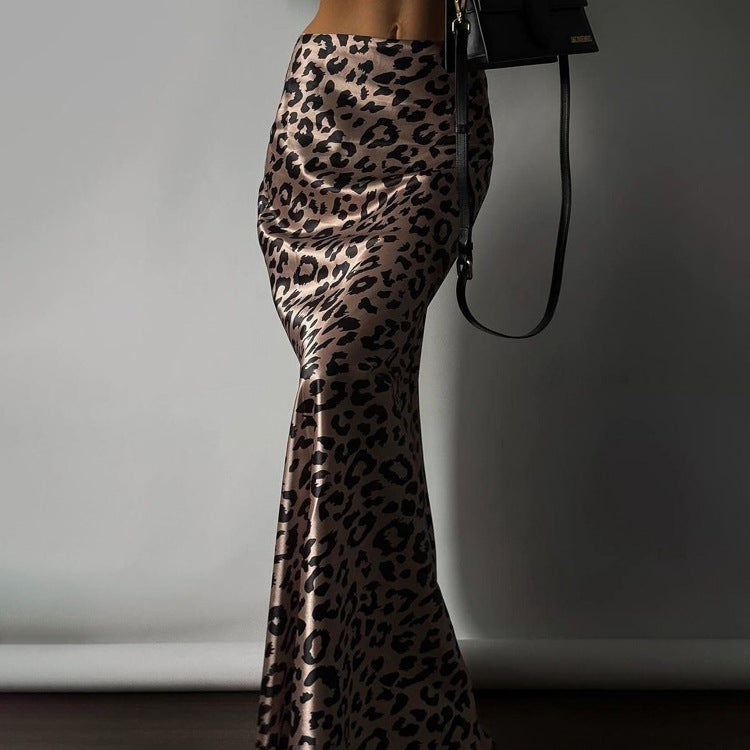 Satin Draping Leopard Print Fishtail Maxi Skirt