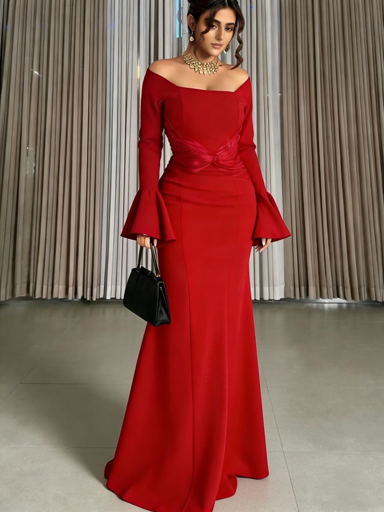 Women's Long Sleeve off Shoulder Stitching Ruffle Slim Dress