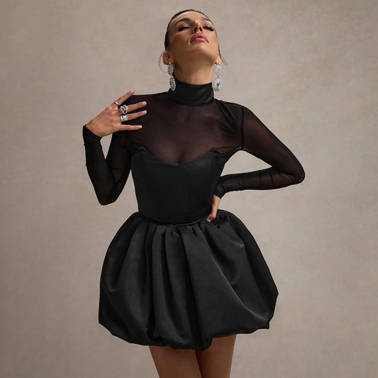 Women Elegant Charming Black Satin Turtleneck Transparent Sleeve Mini Dress