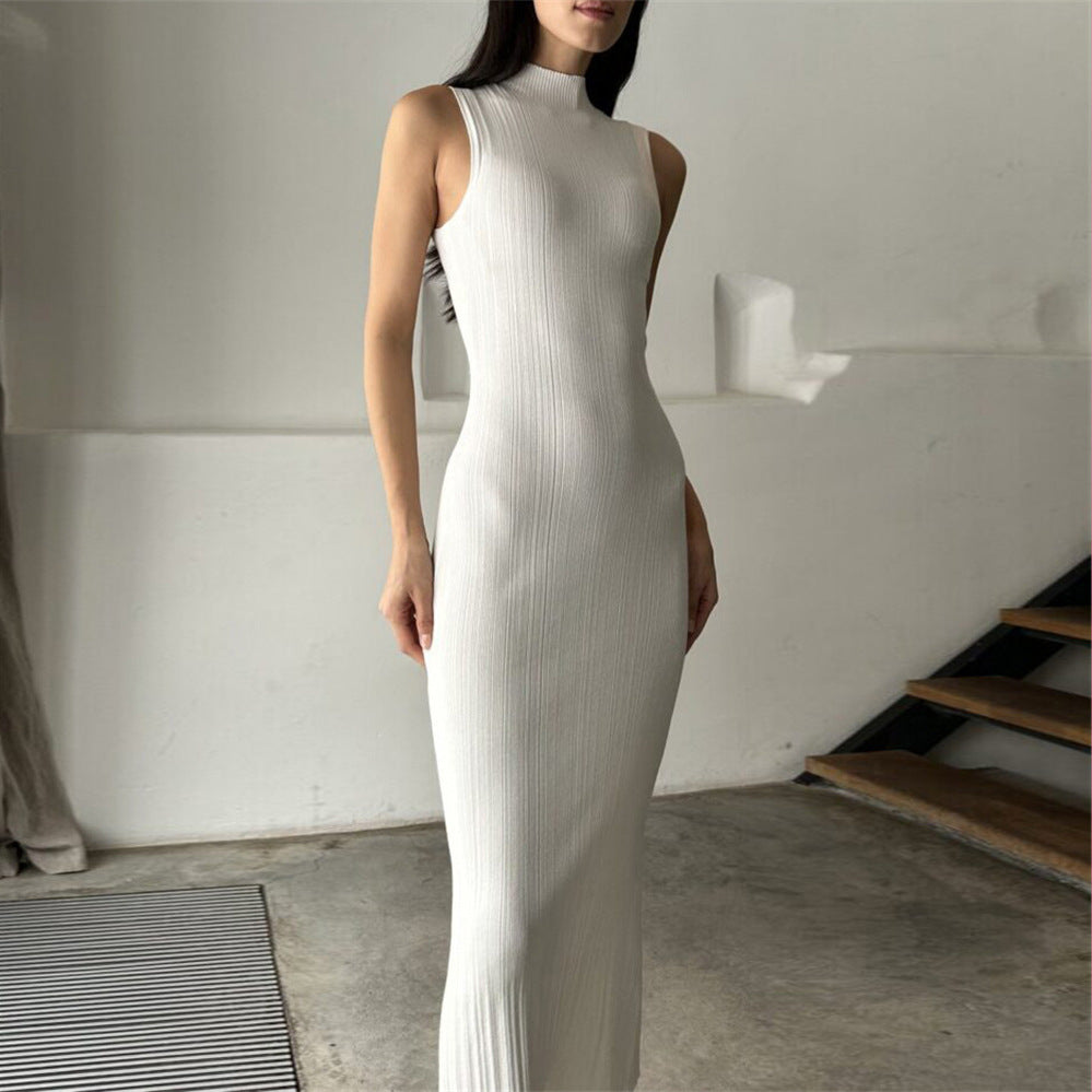 Elegant French Knitted Turtleneck Sleeveless Tight Spring Summer Mid Length Dress