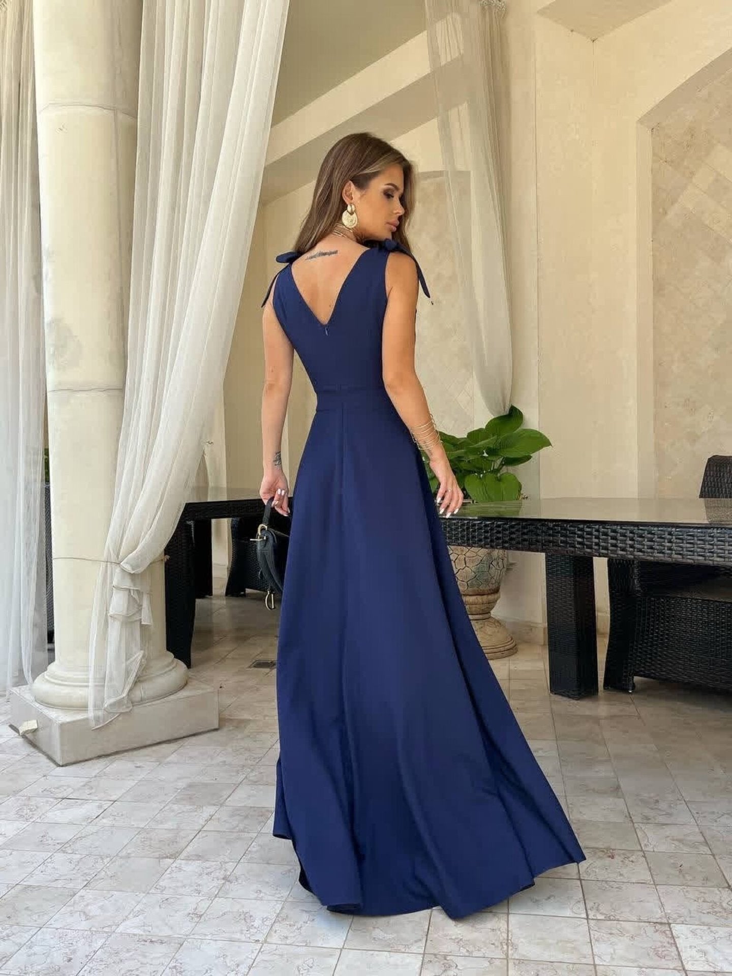 Sassy Long High Waisted V Neck, Tie Shoulder Evening Dress