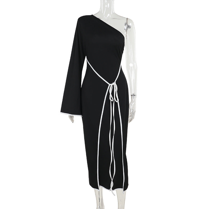 Elegant One Shoulder Color Contrasting Stripe Tied Long Sleeves Dress Women Fashionable Elegant Slim Fit Sheath Dress