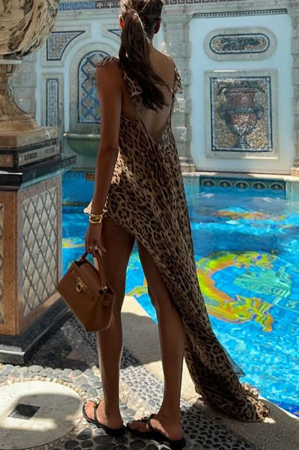 Chiffon Printed Loose Cami Leopard Print Two Piece Shorts Set