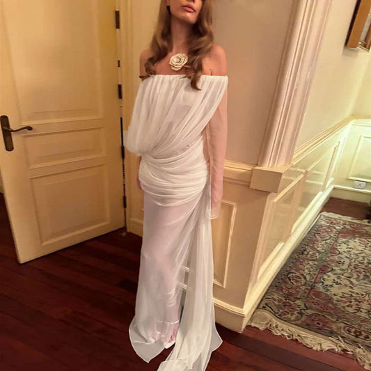 Sexy Mesh Color off Shoulder Sheer Long Sleeve Dress Women