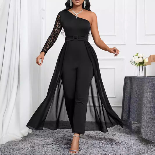 Summer Elegant One Shoulder Long Sleeve Lace Slim Chiffon Straight Leg Pants Women Jumpsuit