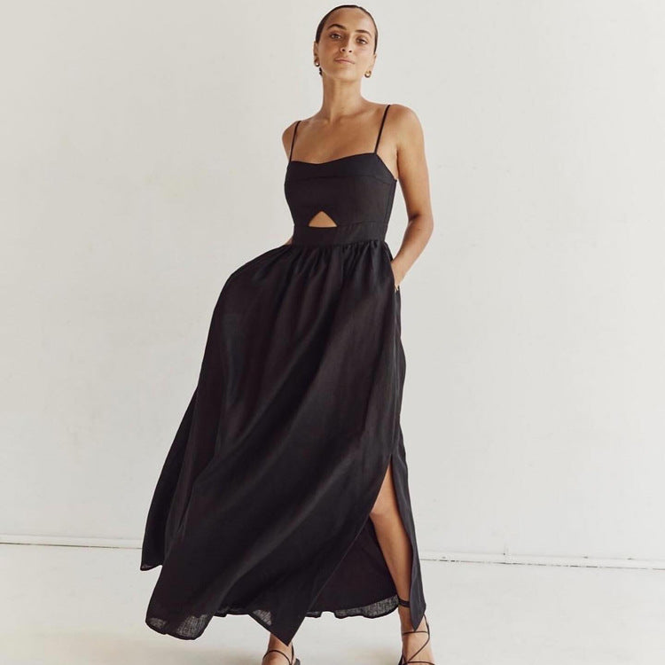 Black Breathable Sling High Waist French Long Dress