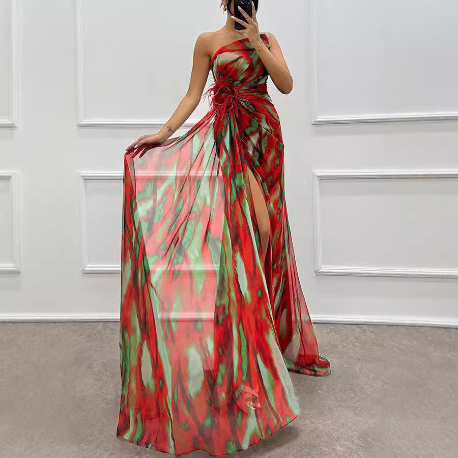 One Shoulder Chiffon Floral Print Wtih Split Long Dress