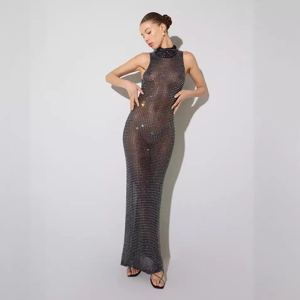 Summer Sexy Sheer Cutout Mesh Rhinestone Sleeveless Maxi Dress Women