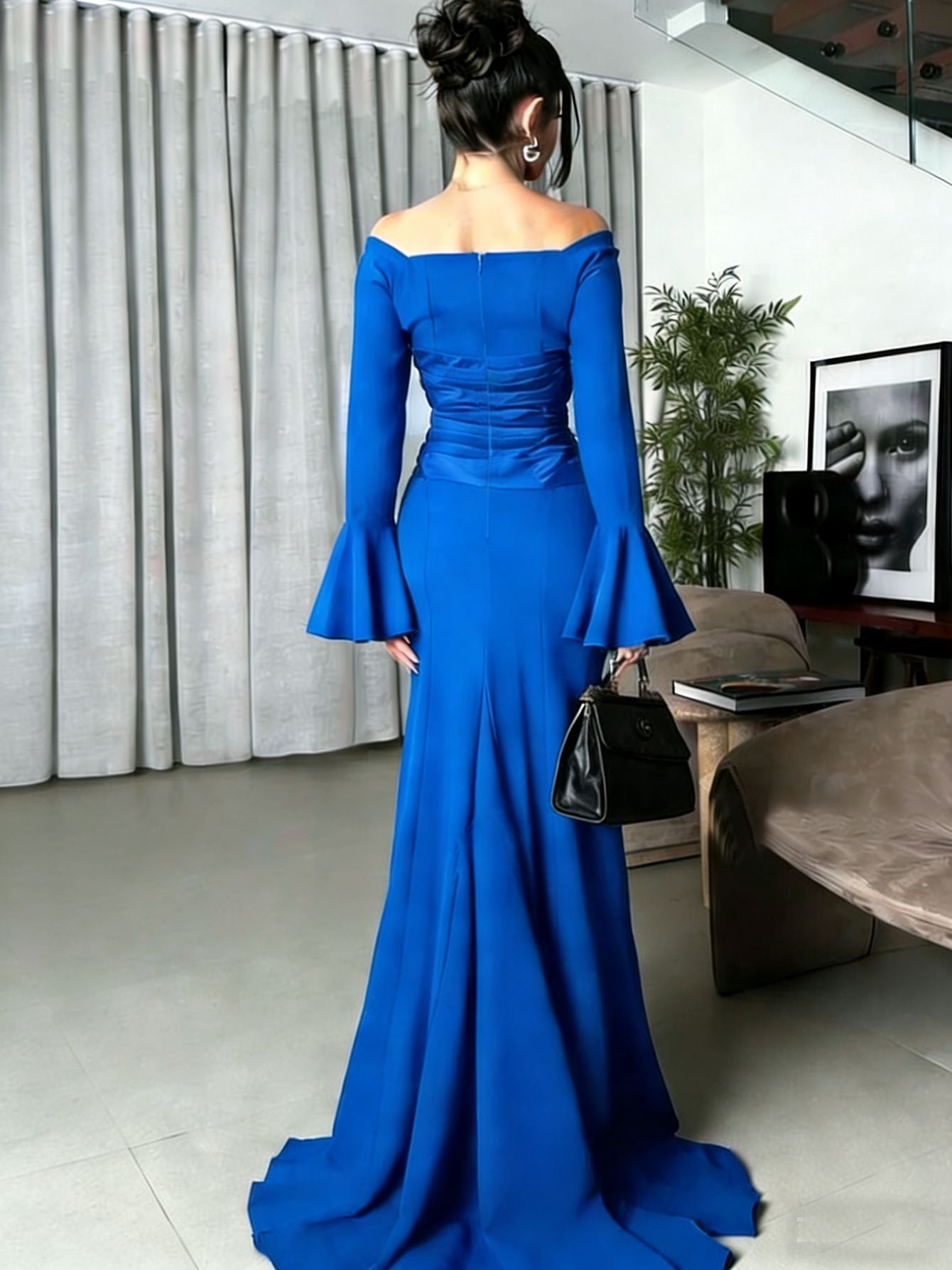 Women's Long Sleeve off Shoulder Stitching Ruffle Slim Dress