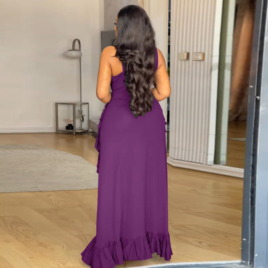 Sexy Cold Shoulder Elegant Ruffled High Waist Crop Top Spaghetti Strap European plus Size Dress
