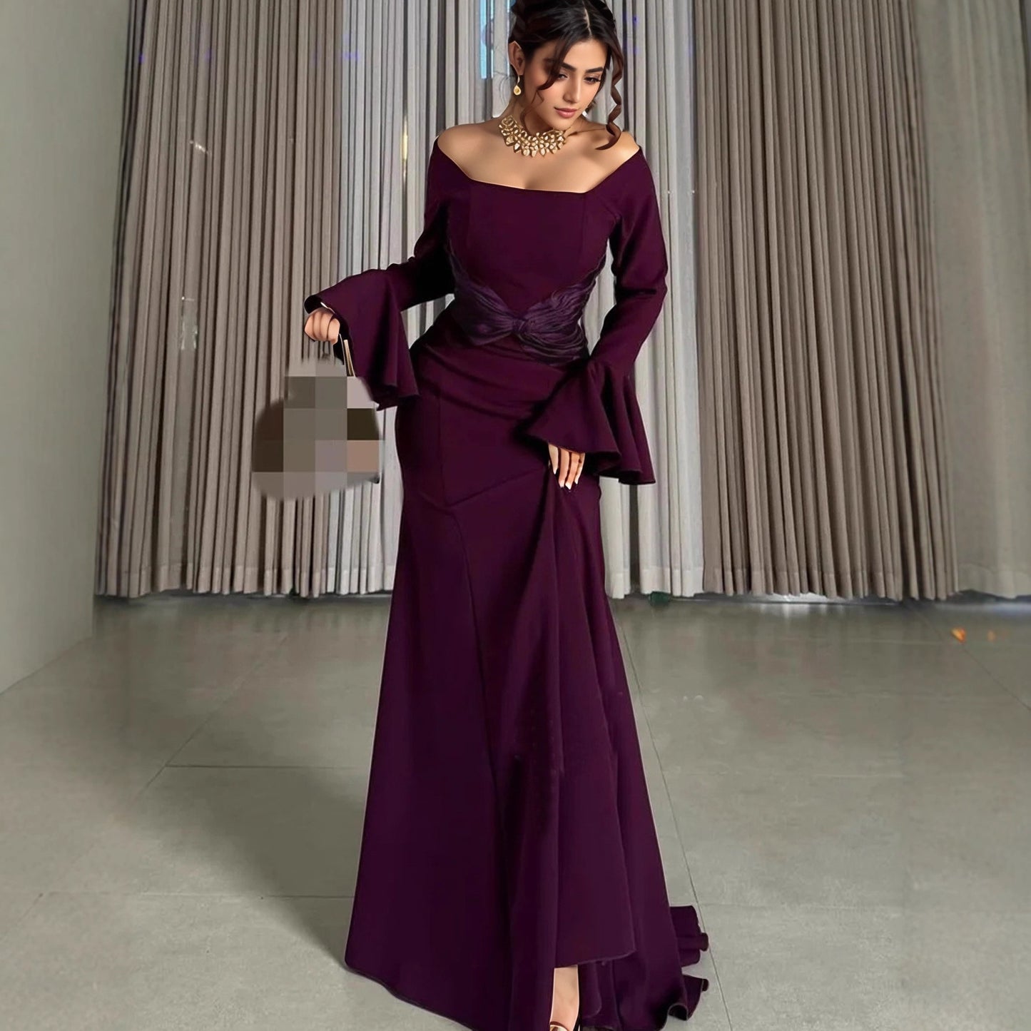 Women's Long Sleeve off Shoulder Stitching Ruffle Slim Dress