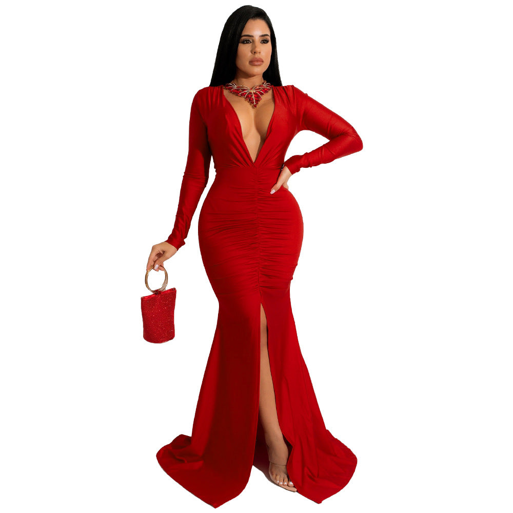 Women Solid Color Sexy V neck Split Sheath Maxi Dress