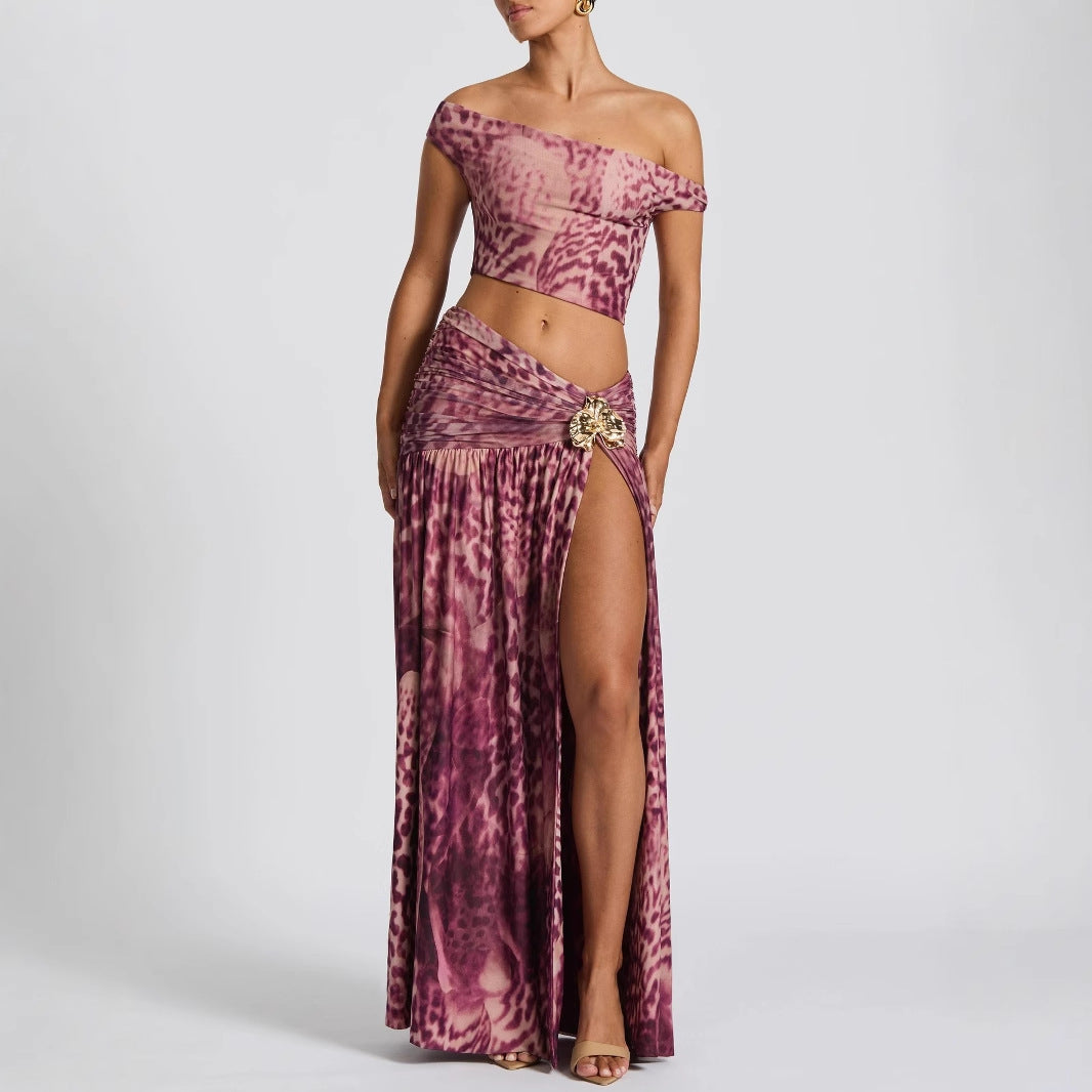 Summer Sexy Print Oblique Shoulder Tops Split Skirt Two Piece Sets