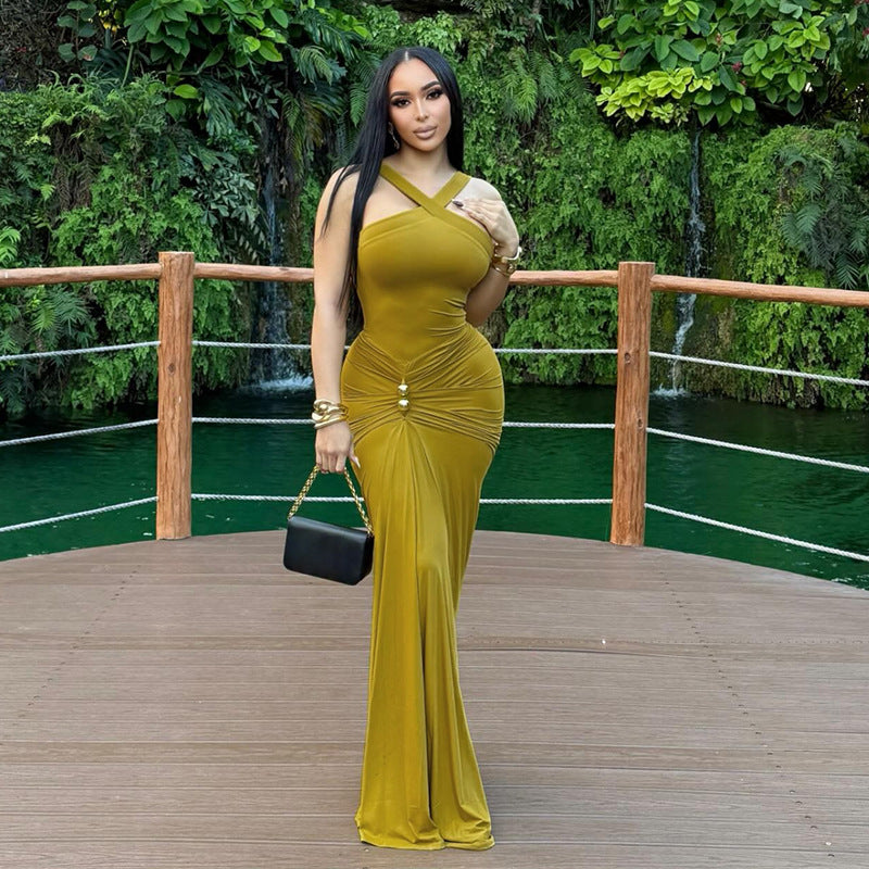 Autumn Winter Women Clothing Cross Halter Solid Color Pleated Waist Tight Slimming Fishtail Dress