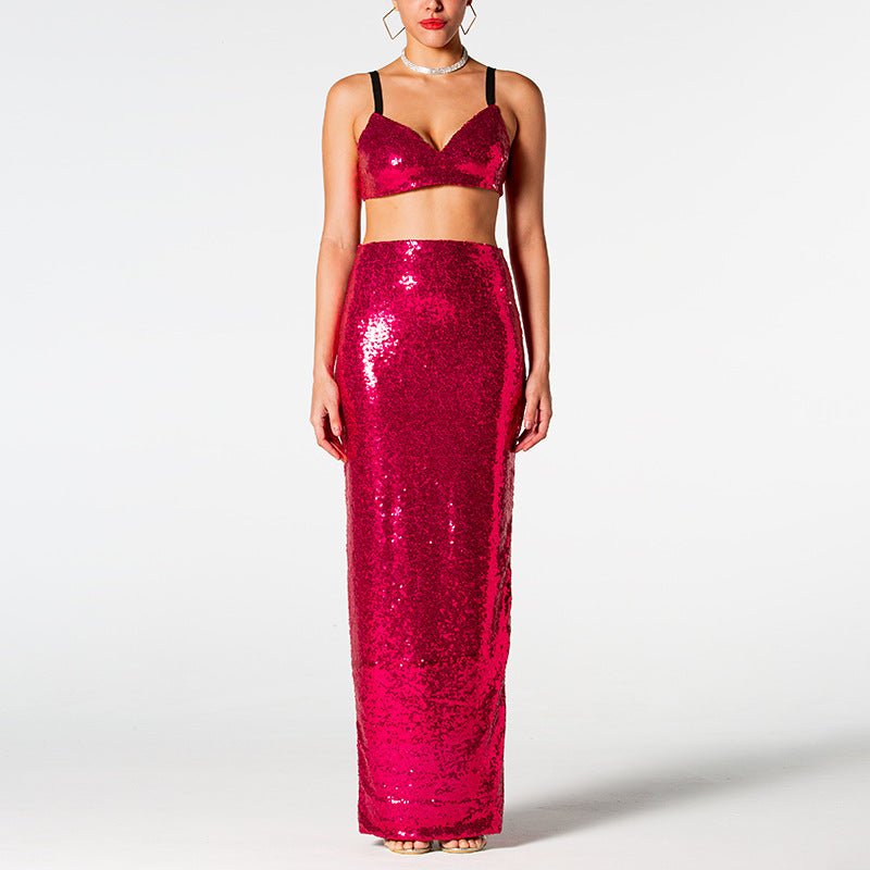 Summer Sexy Red Dress Sling Short Top High Waist Sequined Two Piece Set