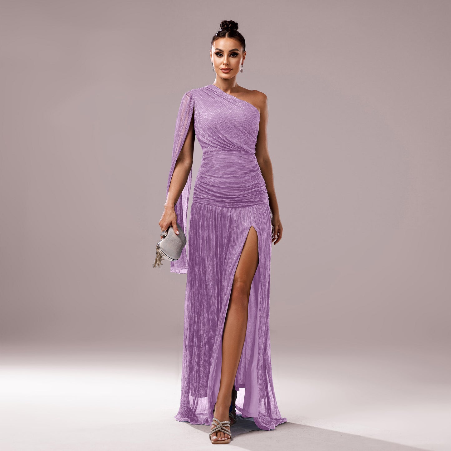 One Shoulder Collar Long Sleeve Evening Dress