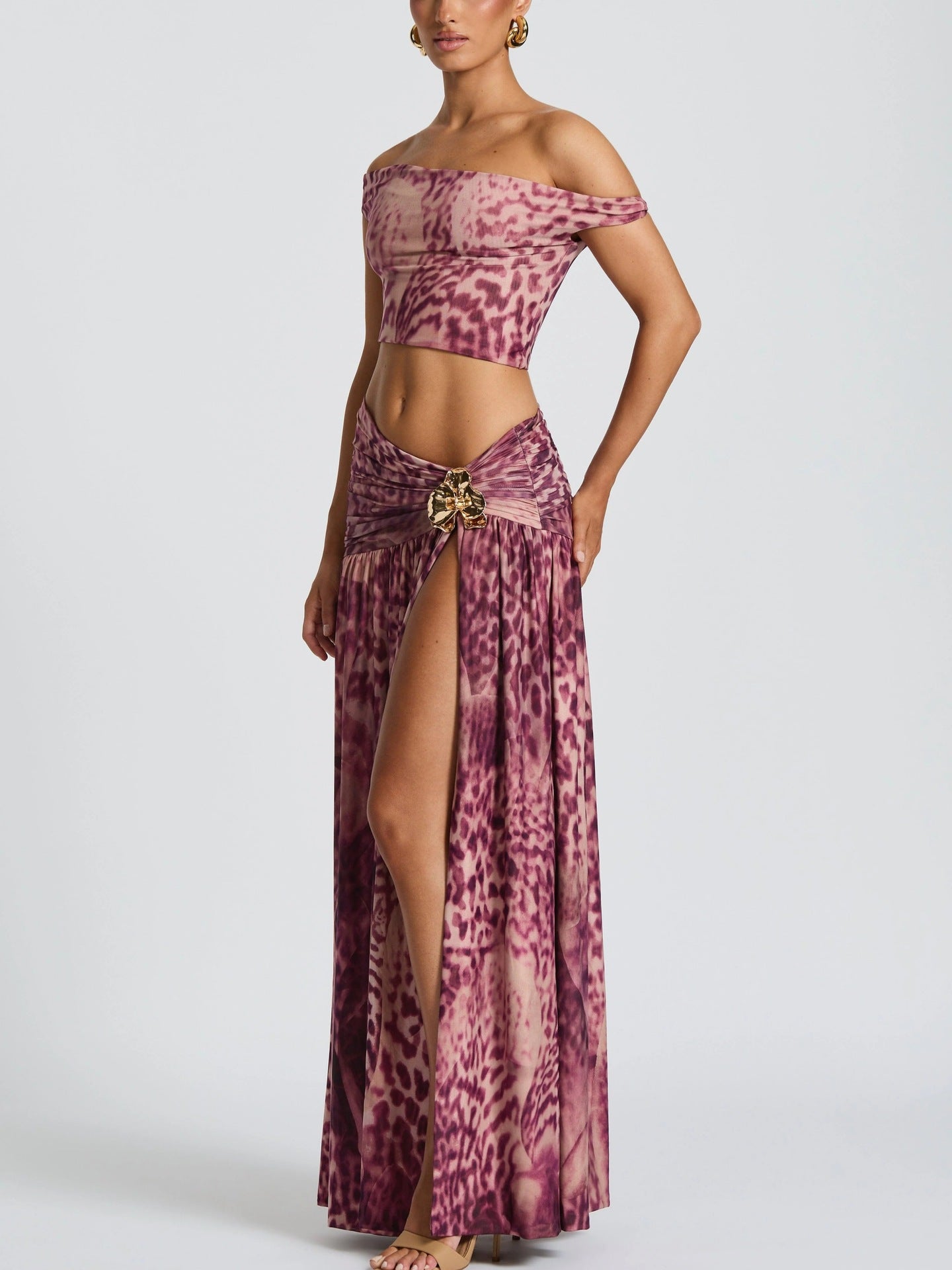 Summer Sexy Print Oblique Shoulder Tops Split Skirt Two Piece Sets