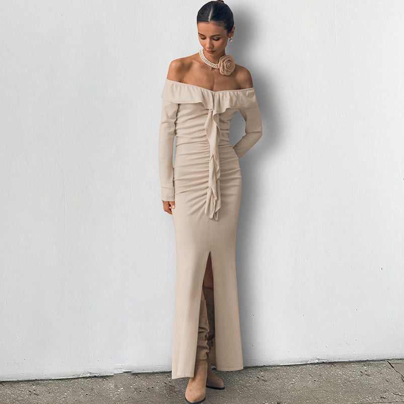 Slim Fit Ruffled Dress Autumn Winter High Sense Khaki off Neck Tube Top Split Fishtail Dress Women