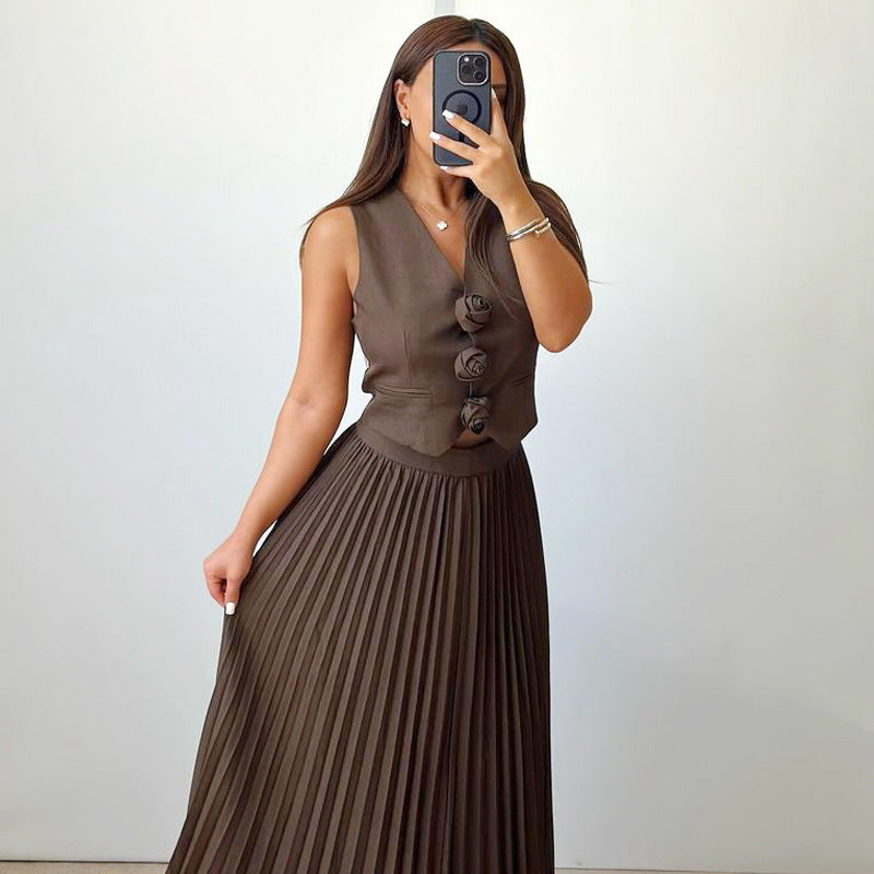 Sleeveless Vest Pleated Skirt Two Piece Set