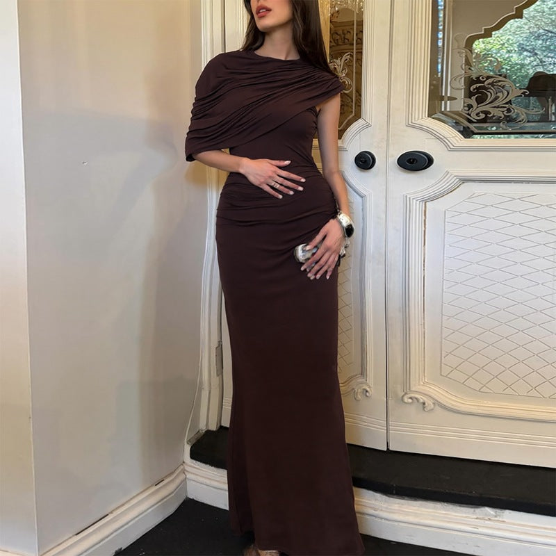 Oblique Shoulder Design Skinny Sheath Pleated Asymmetric Dress