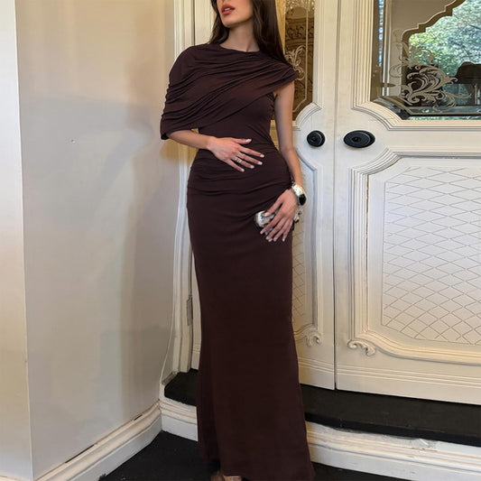 Oblique Shoulder Design Skinny Sheath Pleated Asymmetric Dress