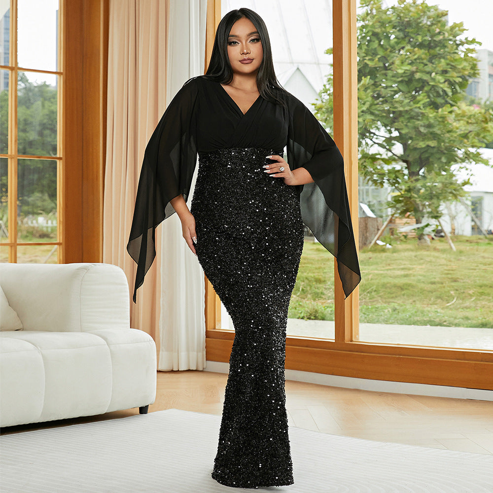 plus Size Sexy Long Sequined V neck Long Sleeve Cocktail Evening Dress Bridesmaid Dress Dress Women