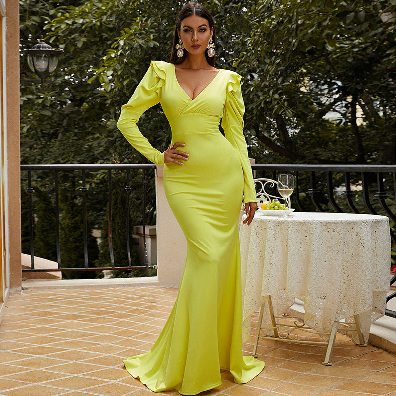 V-neck Long Sleeve Hepburn Elegant Sexy Sheath Elegant Lady Small Mop Evening Dress for Women