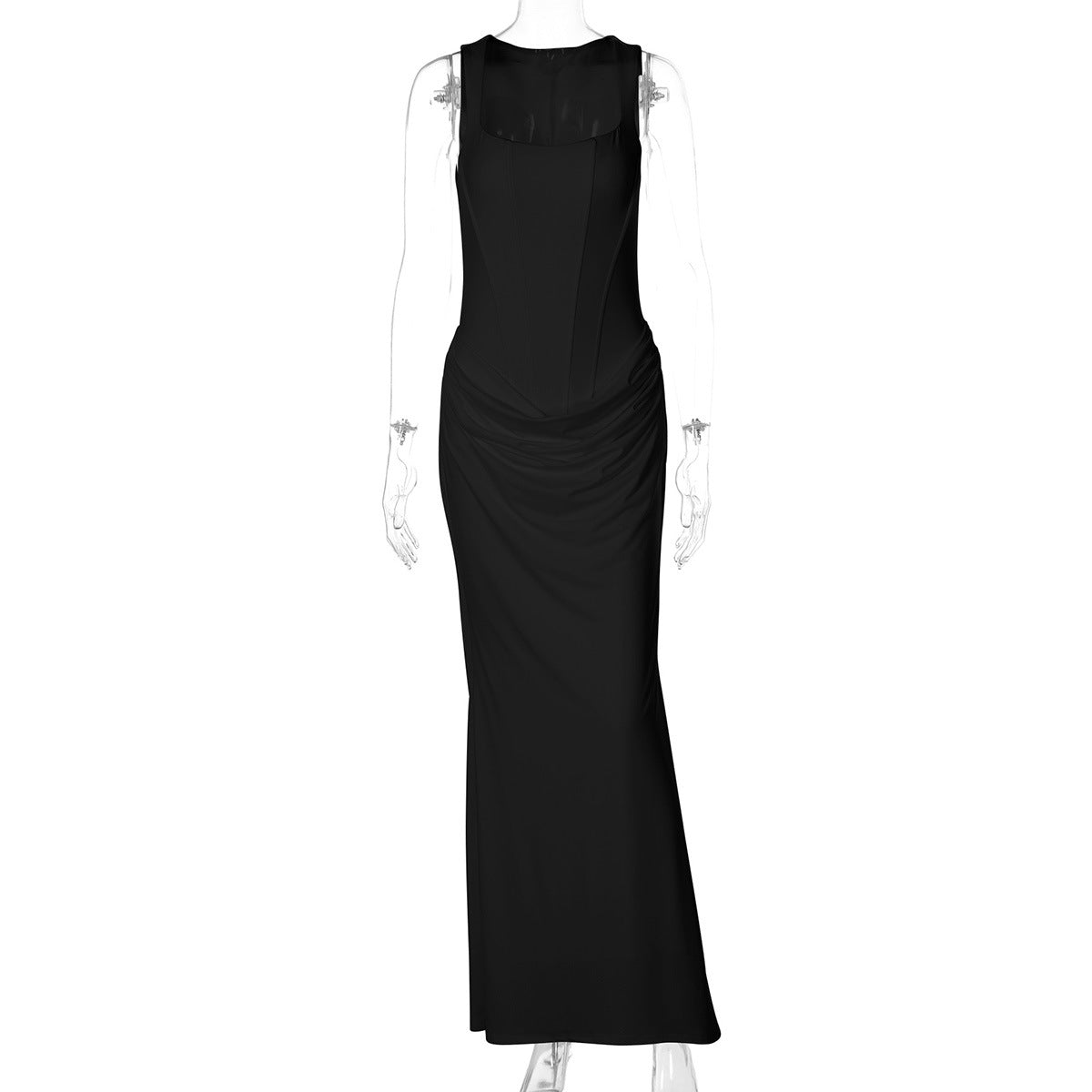 Sexy Boning Corset Slim Fit U Neck Long Pleating Pullover Dress Cocktail Party Evening Dress