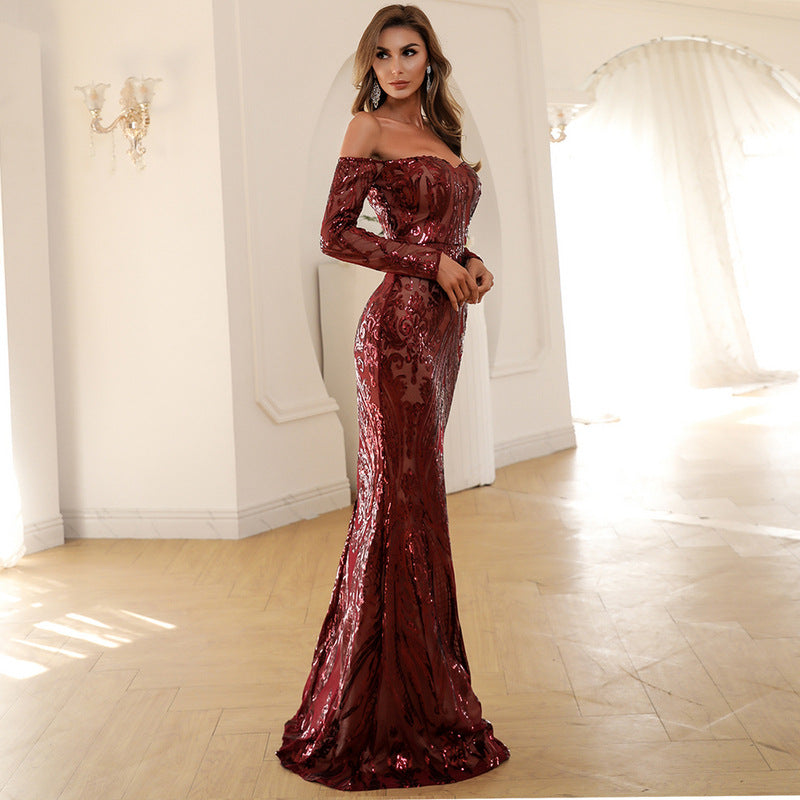 Cocktail Evening Dress Sexy off-Shoulder Long Sleeve Retro Sequined Fishtail Dress