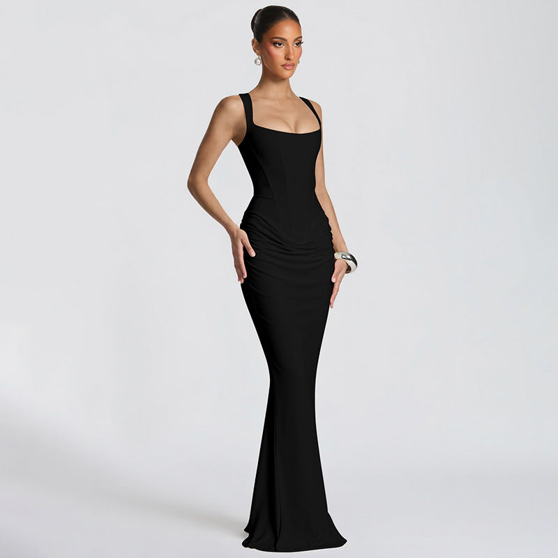Sexy Boning Corset Slim Fit U Neck Long Pleating Pullover Dress Cocktail Party Evening Dress