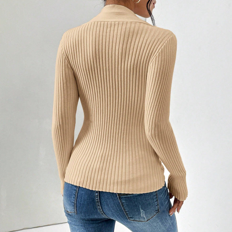 V Neck Slit Hemline Long Sleeve Slim Fit Sweater