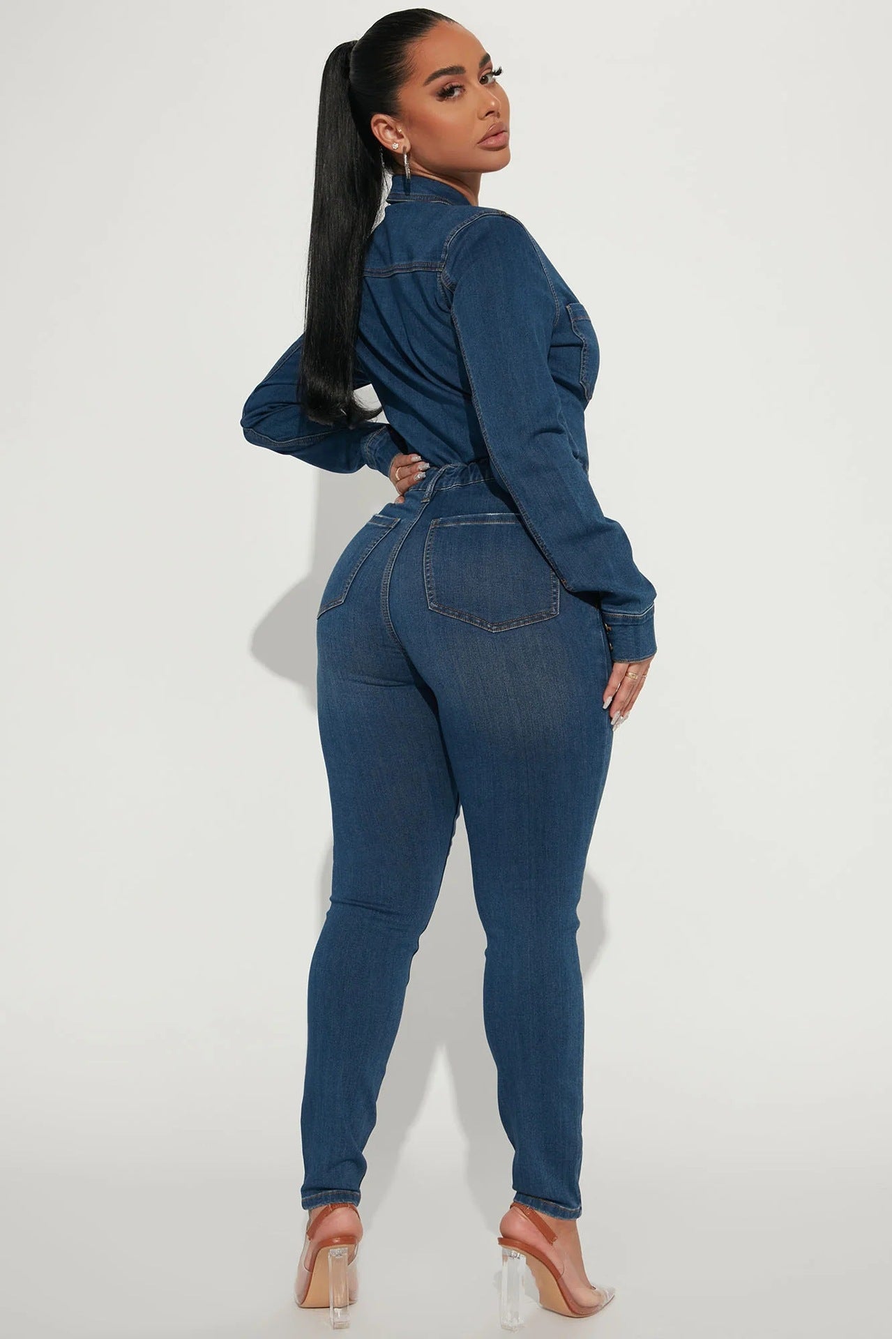 Women Sexy Long Sleeve High Elasticity Denim Jumpsuit