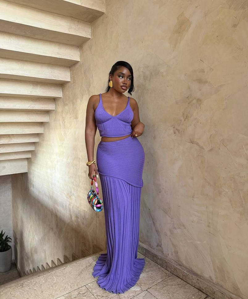 Spring Summer V neck Sling Vest Hip Pleated Long Skirt Wool Woven Two Piece Sets