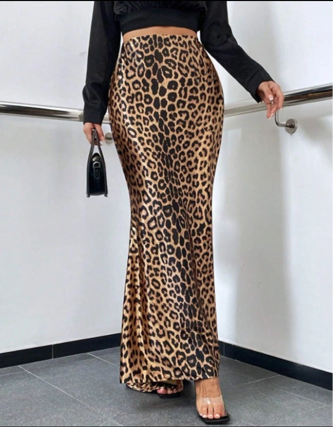 Leopard Print Printed Sexy Sheath Fishtail Skirt Mop Skirt