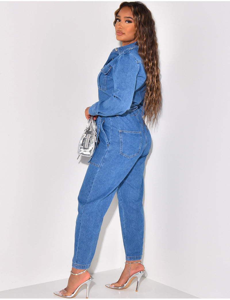 Platform Women Casual Sexy Pocket Denim One-Piece Belt Pants Wide Leg Pants