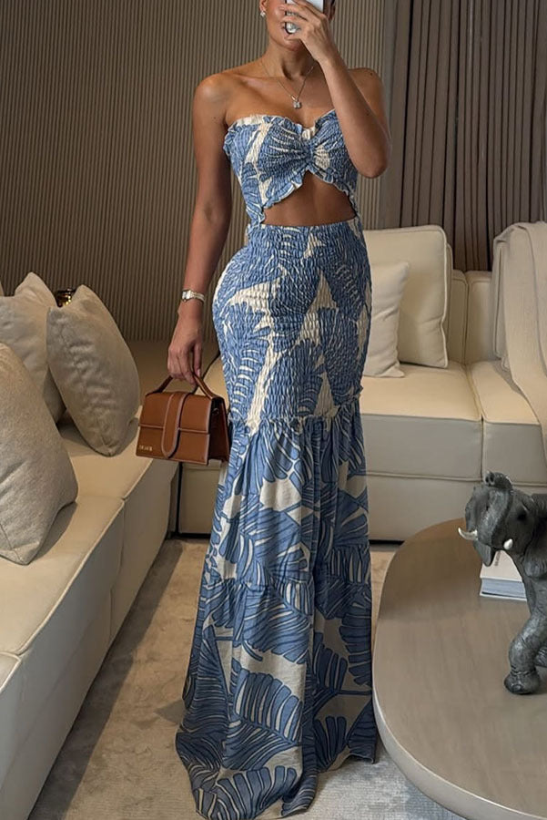 Spring Summer Halterneck Printed Pleated Dress Casual Loose Vacation Dress