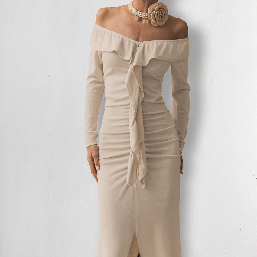 Slim Fit Ruffled Dress Autumn Winter High Sense Khaki off Neck Tube Top Split Fishtail Dress Women