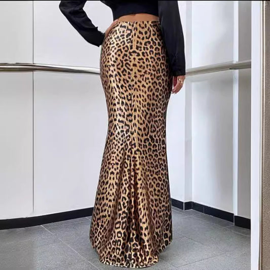 Leopard Print Printed Sexy Sheath Fishtail Skirt Mop Skirt