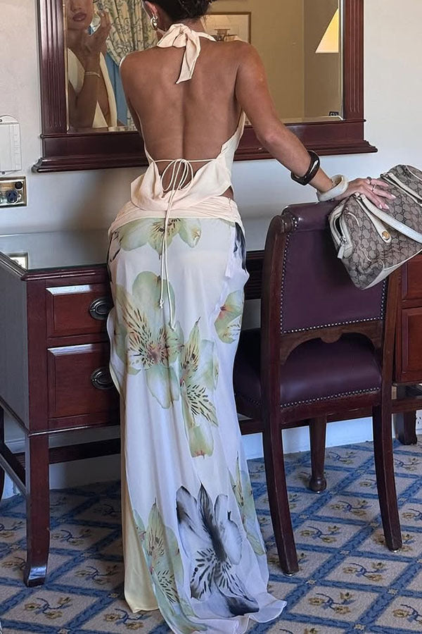 Women Sexy Backless Halter Top Slim Printed Dress Two Piece Sets