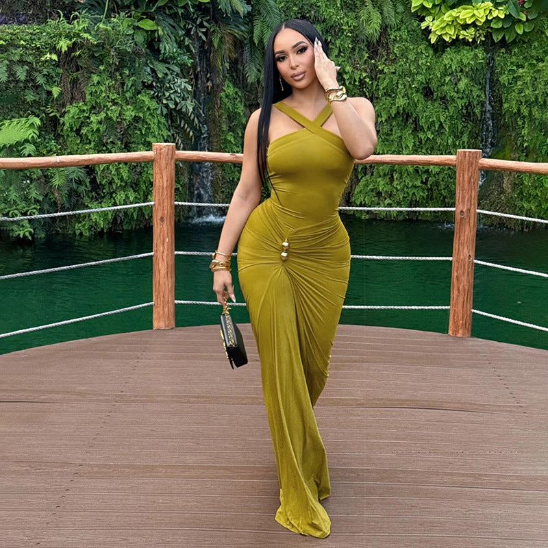 Autumn Winter Women Clothing Cross Halter Solid Color Pleated Waist Tight Slimming Fishtail Dress