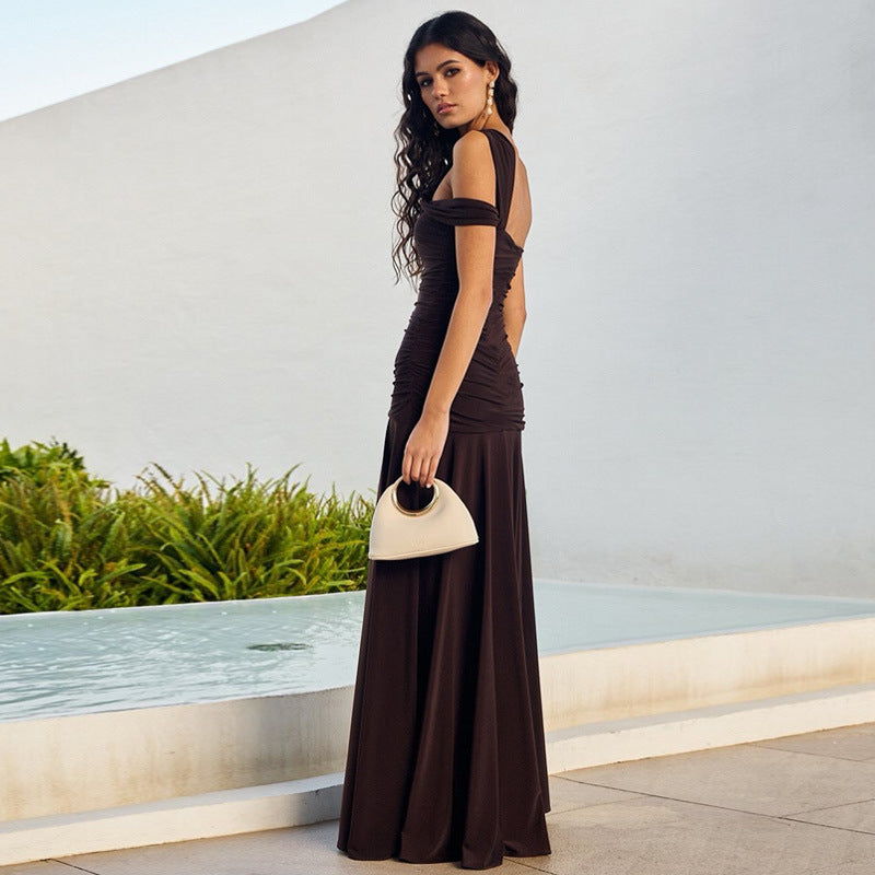 Asymmetric Shoulder Strap Bodycon with Side Split Maxi Dress
