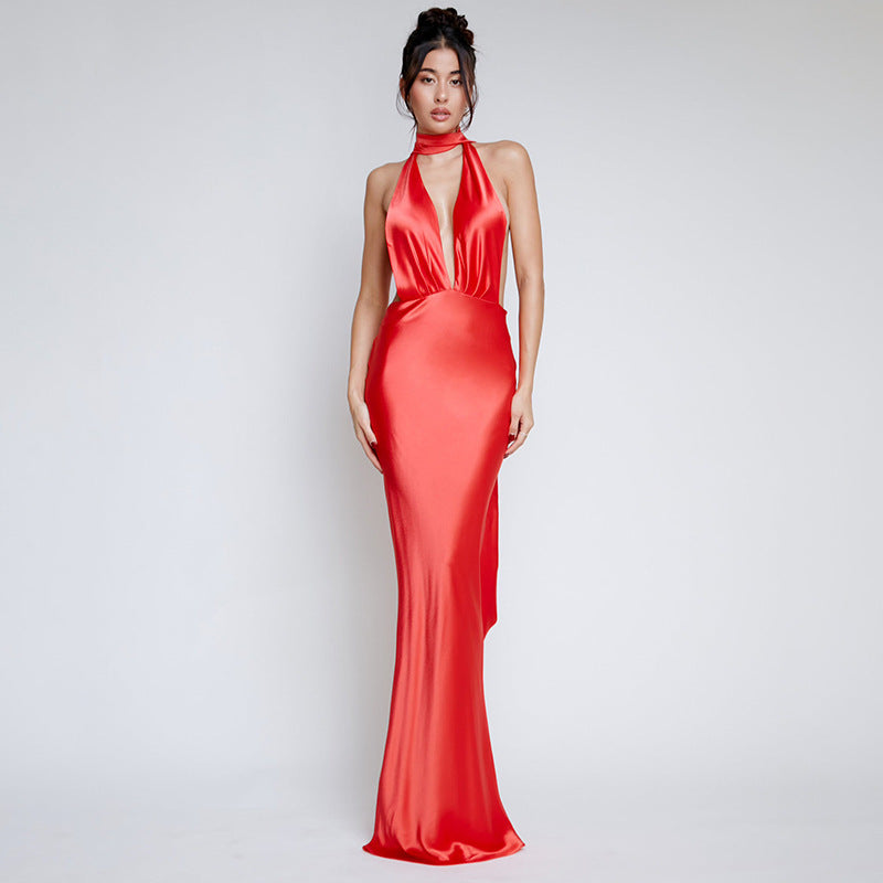 Sexy Solid Color Deep V Plunge neck Halter Lace up Backless Sheath Dress